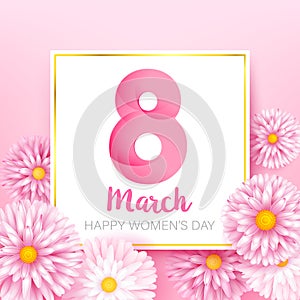 Happy women day 8 march text calligraphy with beauty flower and circle blank paper frame 002