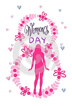 Happy Women Day Card 8 March Poster With Silhouette Pink Girl On Doodle Background