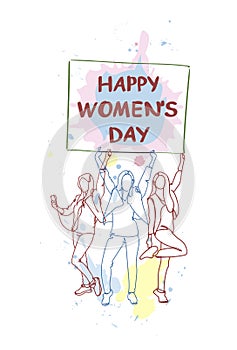 Happy Women Day Concept 8 March Banner With Silhouette Girls Group Doodle