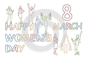 Happy Women Day Concept 8 March Doodle Silhouette Girls Group Holding Gift Boxes And Shopping Bags