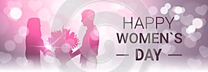 Happy Women Day Horizontal Banner With Silhoutte Man Present Girl Bouquet Of Flowers Beautiful Bokeh Background