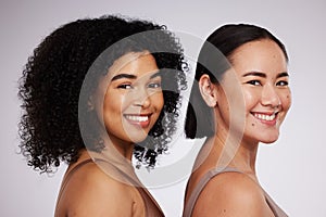 Happy, women and face, diversity and portrait, skincare for different skin color and unique with beauty isolated on