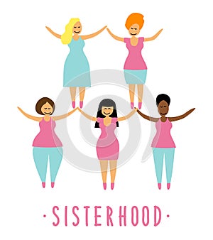 Happy women or girls as union of feminists, sisterhood as flat cartoon characters