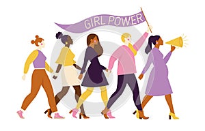 Happy women or girls standing together and holding hands. Group of female friends, union of feminists, sisterhood. Flat photo