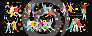 Happy women or girls together and holding hands. Group of female friends, union of feminists, sisterhood. Flat cartoon