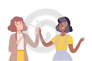 Happy Women Giving High Five to Each Other Vector Illustration