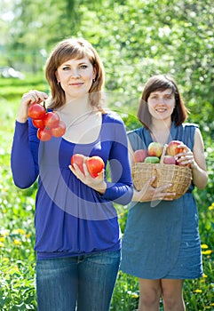 Happy women with harvest in orchard