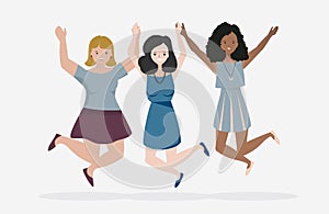 Happy women jumping vector. Teamwork concept.