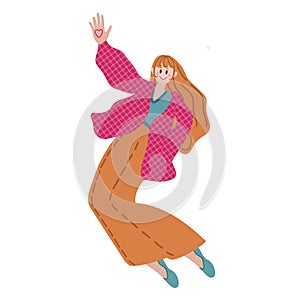 Happy Women Jumping on White Background. Young Joyful Female Characters Jump or Dancing with Raised Hands. Happiness