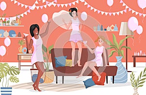 Happy women in night clothes having girls night at home vector flat illustration. Women celebrating.