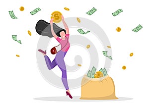 Happy women receive cash People saving money get profit or high income vector illustration Earning money, finance, success concept