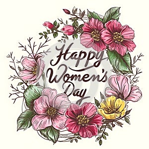 Happy Women's Day 8 March sign with flowers on white background. International Womens Day message .Greeting card