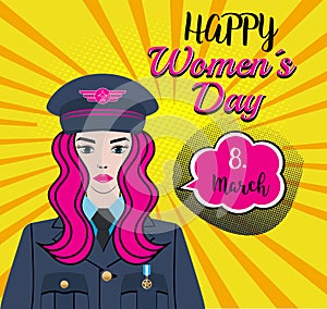 Happy WomenÂ´s Day - 8.march. A Woman Character - soldier, pilot, captain in thw air force, us army. Pinpup girl with a pink hair