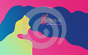 Happy Women`s Day 8th March illustration, beautiful girl face with celebration text quote. Horizontal card  for web banner