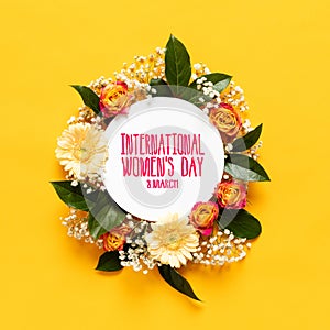 Happy Women`s Day Background. Floral flat lay greeting card template with beautiful various flowers.