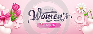 Happy women\'s day banners gift box pink bows ribbon with tulip flowers and butterfly, heart, white flower