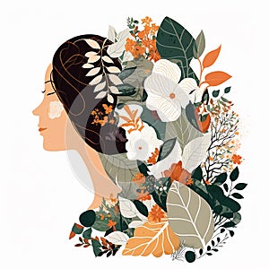 Happy women's day card. Women of different ethnicities, flowers and leaves. 8 march theme