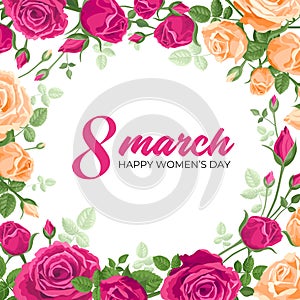 Happy women`s day card. Vector square web banner, poster, flyer, greeting for social media with the text 8 march, Happy women s