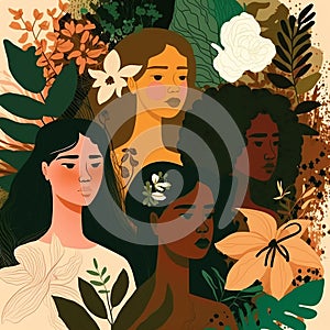 Happy women\'s day card. Women of different ethnicities, flowers and leaves. 8 march theme