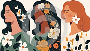 Happy women's day card. Women of different ethnicities, flowers and leaves. 8 march theme