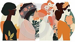 Happy women's day card. Women of different ethnicities, flowers and leaves. 8 march theme