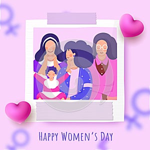 Happy Women\'s Day Celebration Concept with Four Generations of Women Characters and Glossy Hearts on Blurred Venus Symbol