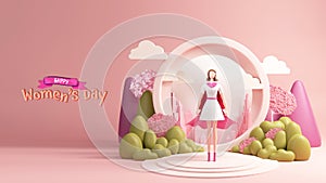Happy Women`s Day Concept With 3D Render, Superwoman Character Standing On Stage And Nature