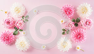 Happy women`s day concept, pink roses with beautiful flower frame on pastel background. Flat lay ,top view with space