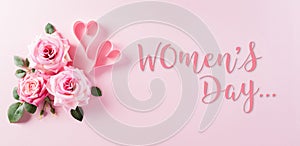 Happy Women`s Day concept. Top view of roses flowers, heart and