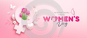Happy women\'s day female symbol with tulips flowers and butterfly, heart, white flower, banner