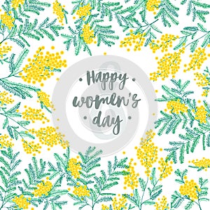 Happy Women s Day festive wish against figure eight on background surrounded by beautiful blooming yellow mimosa flowers