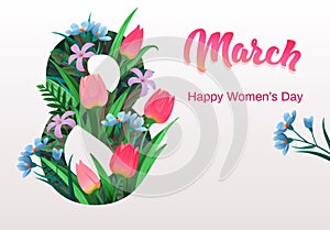 Happy women`s day, flyer, congratulation card March 8 with flowers