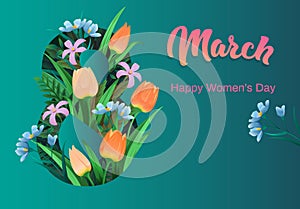 Happy women`s day, flyer, congratulation card March 8 with flowers