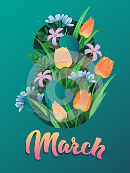 Happy women`s day, flyer, congratulation card March 8 with flowers