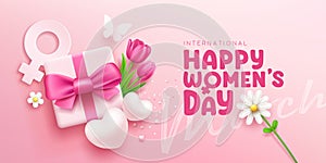 Happy women\'s day gift box pink bows ribbon with tulip flowers and butterfly heart white flower, banner concept design
