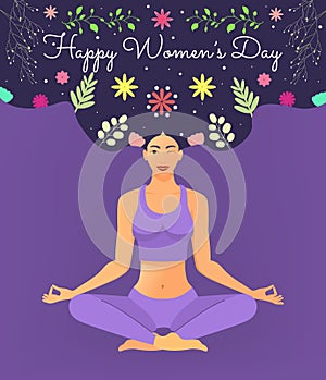 Happy Women s day. Girl is sitting in lotus position,She winks and smiles. Flowers and Plants in her Hair. Colorful