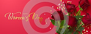 Happy Women`s Day greeting card. 8 march modern background design with beautiful realistic red roses and golden