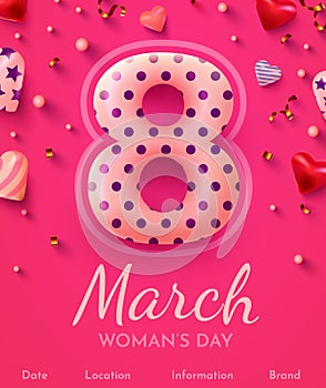 Happy Women's Day greeting card. 8 March modern background design with cute hearts and golden confetti.