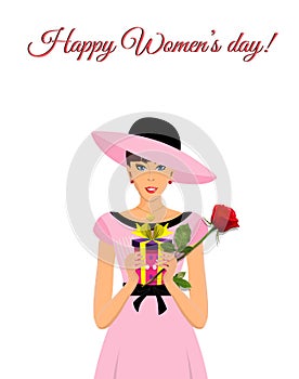 Happy women`s day greeting card with adorable girl in pink dress