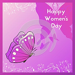 Happy Women`s Day. Greeting card with butterfly. Template postcards.