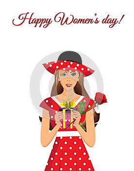Happy women`s day greeting card with cute girl in red dress