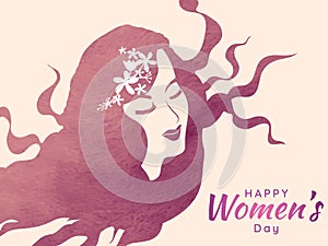 Happy Women's Day Greeting Card Design with Beautiful Young Woman Face and Flying Hair Against