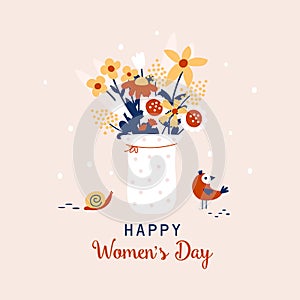 Happy Women\'s Day greeting card with flowers. Vector illustrations