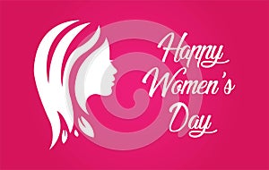 Happy Women's Day greeting card, gift card on pink background with design of a women face and text 8th March