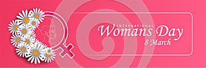Happy Women`s Day greeting card, gift card on pink background with design of a women and text 8th March