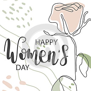 Happy Women's Day greeting card. Hand drawn vector line calligraphy. One rose flower. Elegant banner with women