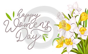 Happy women`s day greeting card with narcissus and white background. International women`s day greeting card.Vector illustration