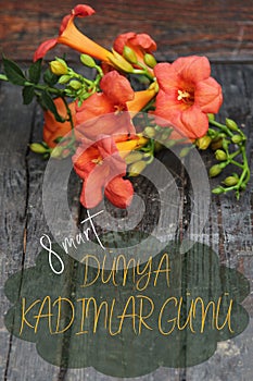 Happy Women`s Day Greeting Card with Orange Lillies in Turkish