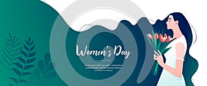 Happy women`s day greeting card. Postcard on March 8.