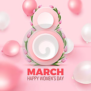 Happy Women`s Day greeting card. Postcard on March 8 with bunch of tulips, pink and white balloons on rosy background